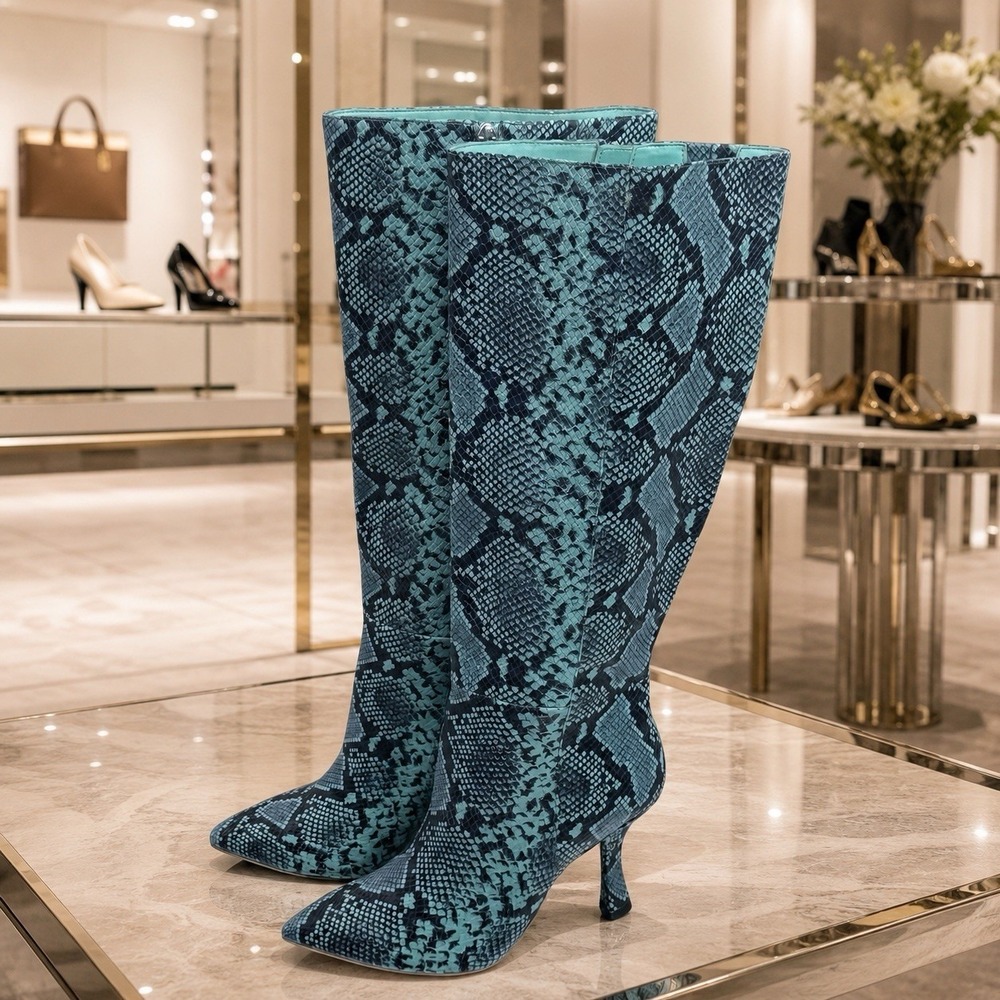 NEW Gianni‎ Bini Lennoxe Leather Reptile Snake Print Knee High Heels Boots 8.5